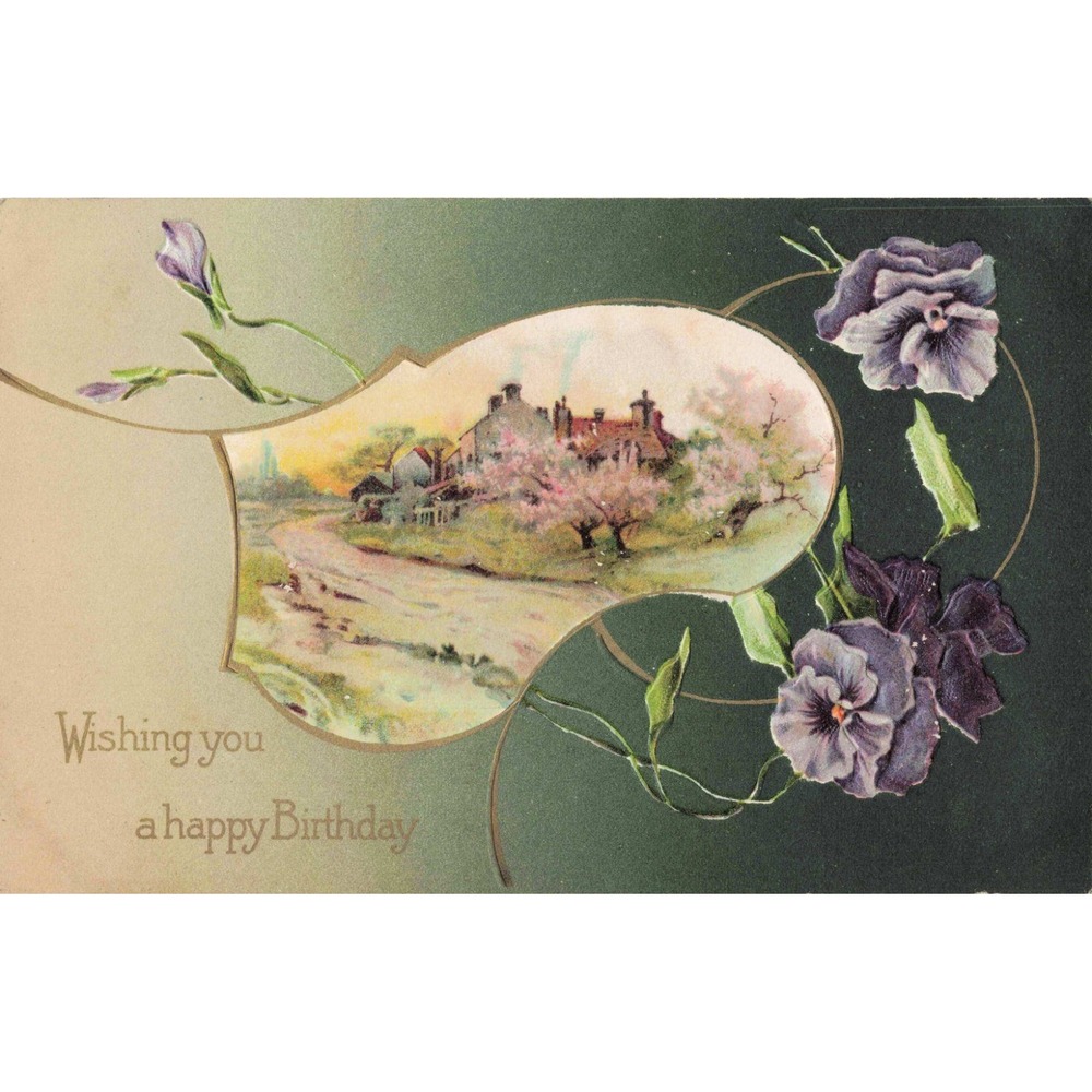 Vintage Embossed Birthday Postcard Purple Pansies Country Landscape Germany VG+ - Picture 1 of 2